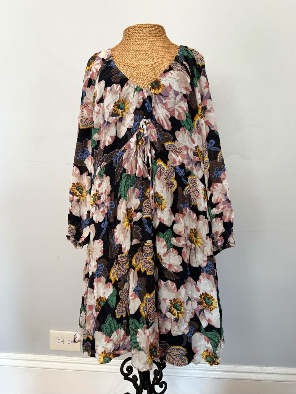 Anthropologie Black Floral Long Sleeve Midi Dress